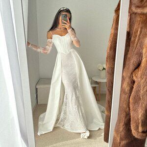 White Lace Corset Wedding Gown with Train – Satin Overskirt Bridal Dress